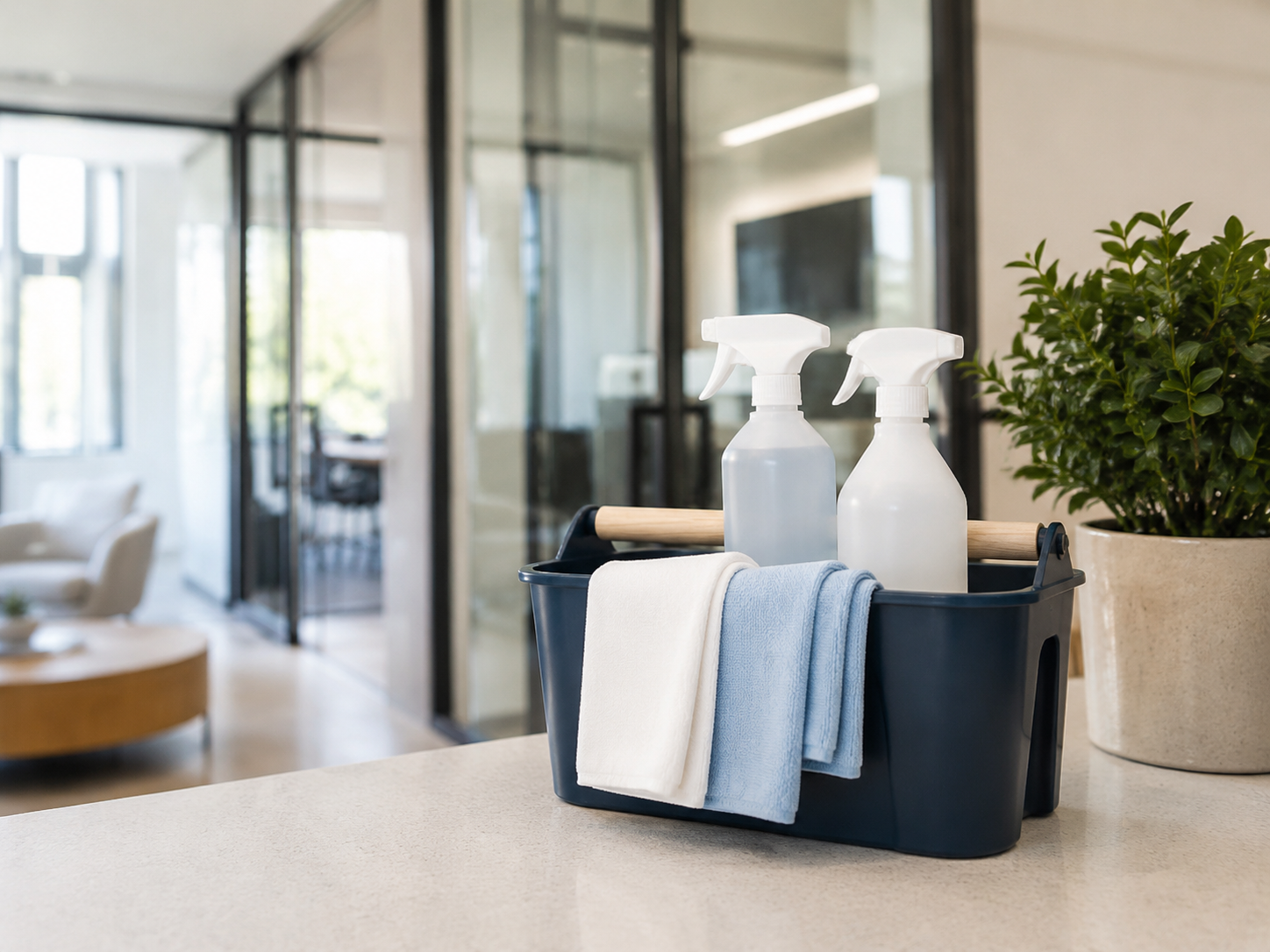 Professional cleaning supplies in a bright modern office